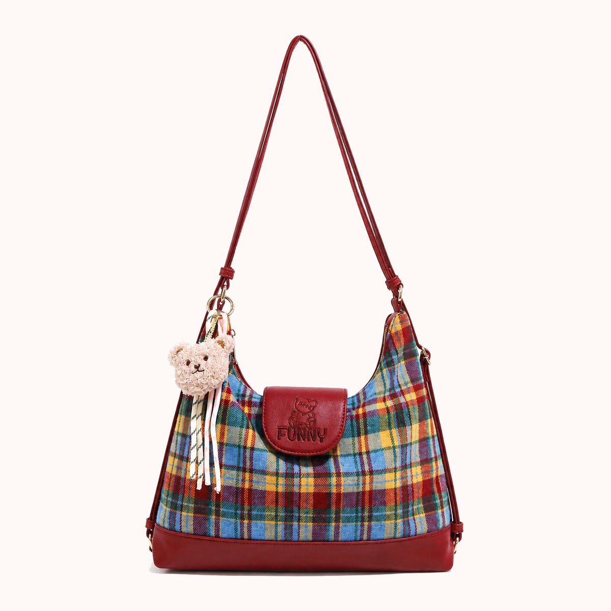 ARIPPULA FEF9F6 | tartan-canvas-shoulder-bag | close quality | 030__tartan-canvas-shoulder-bag__red__front.webp