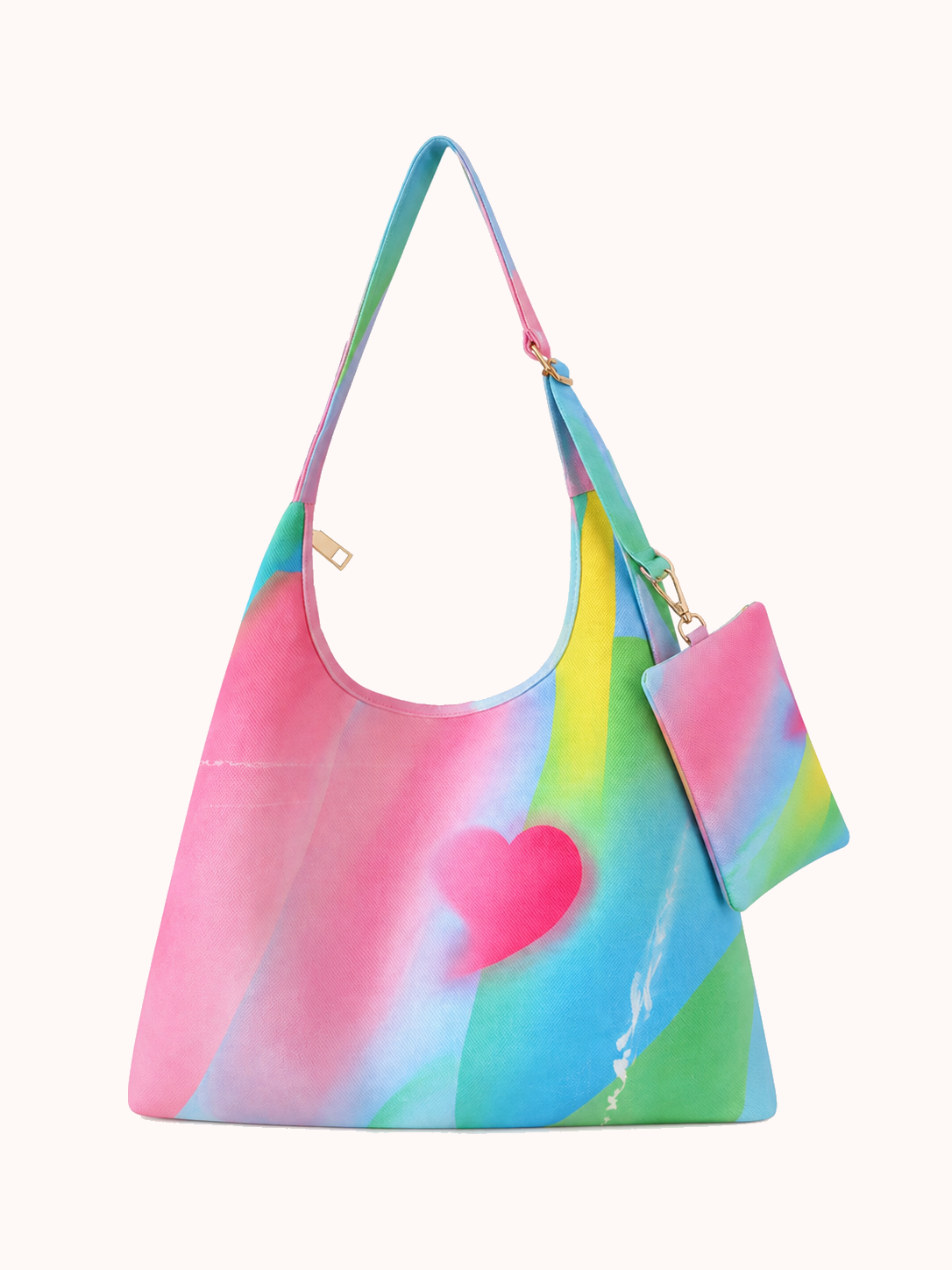 Rainbow Heart Zipper Tote Bag + matching hanging bag front view
