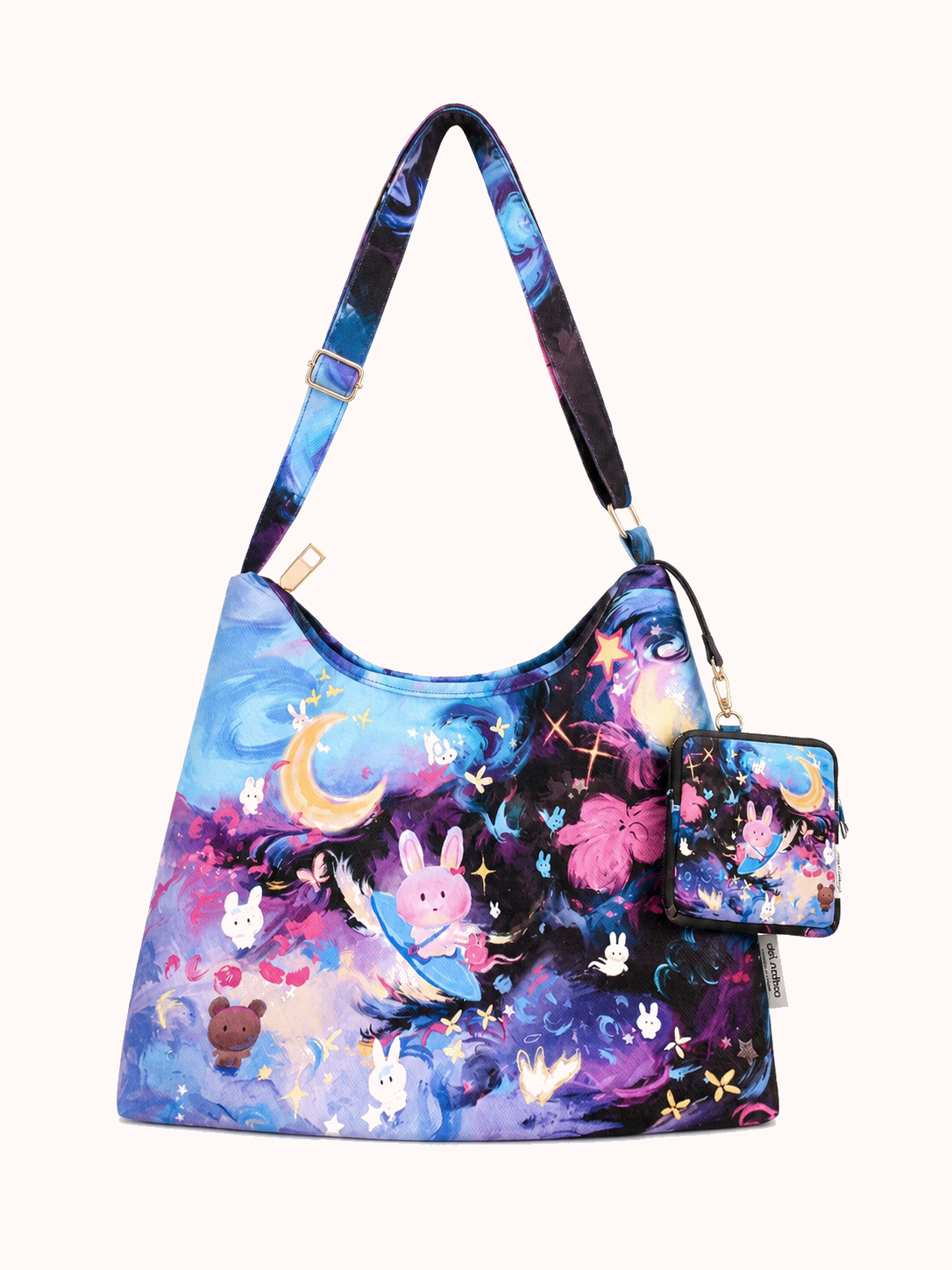 Skateboard Rabbit zipper tote bag + matching hanging bag front view