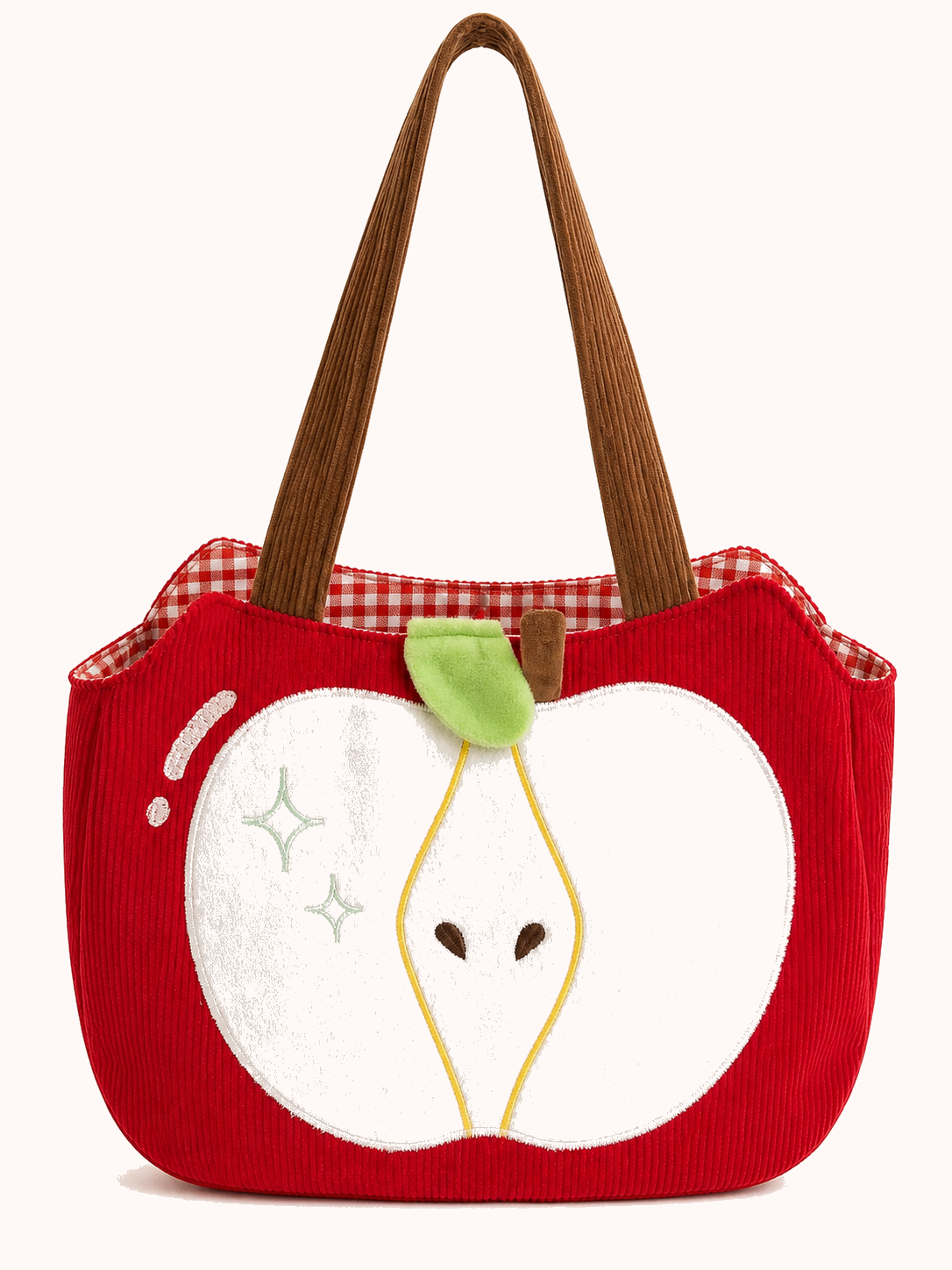 Pippin Corduroy Shoulder Bag — apple appliqué detail