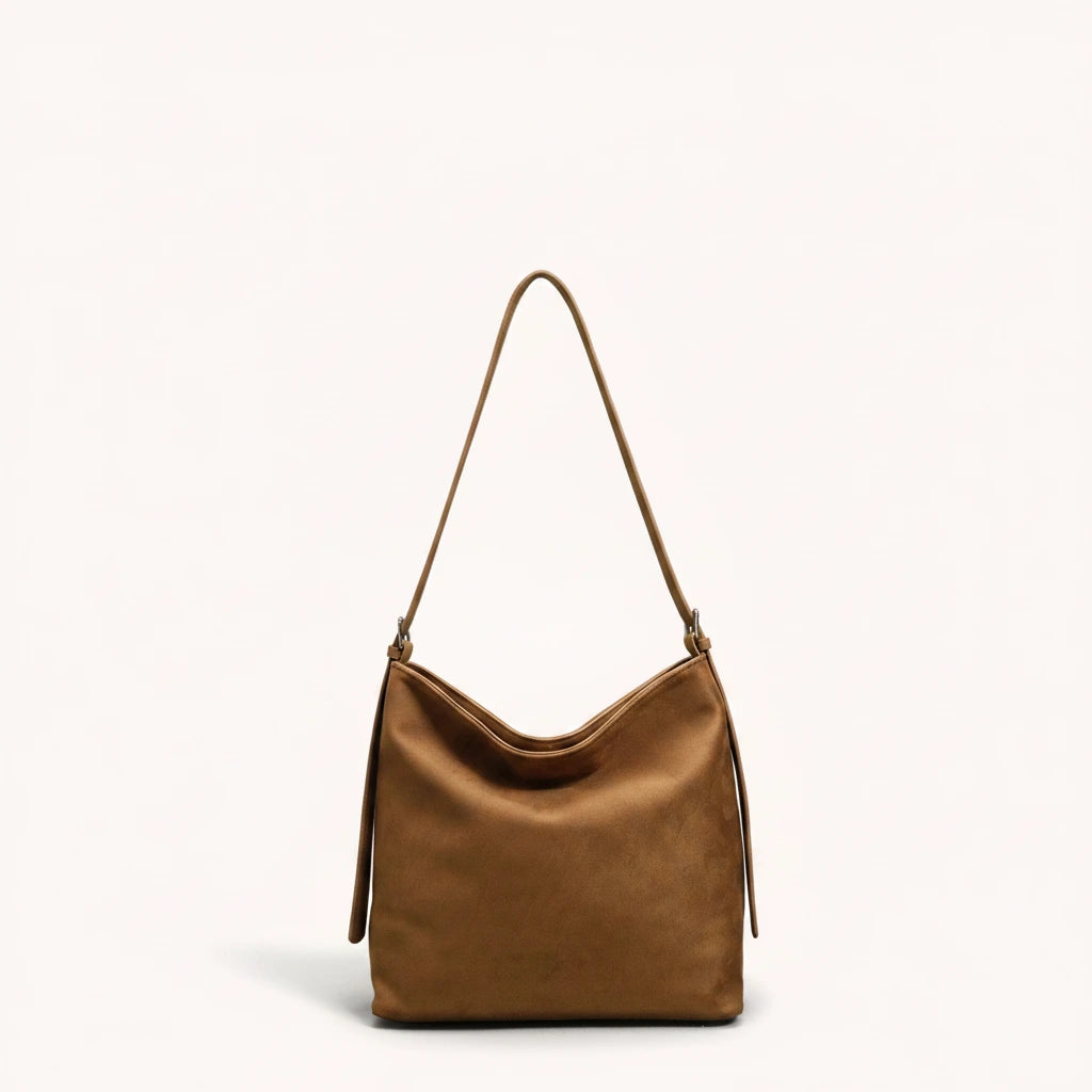 Hazel Shoulder Tote — Brushed Suede | Remove the bg with text of the products and replace the bg with image reference i give and keep the showdow of the products