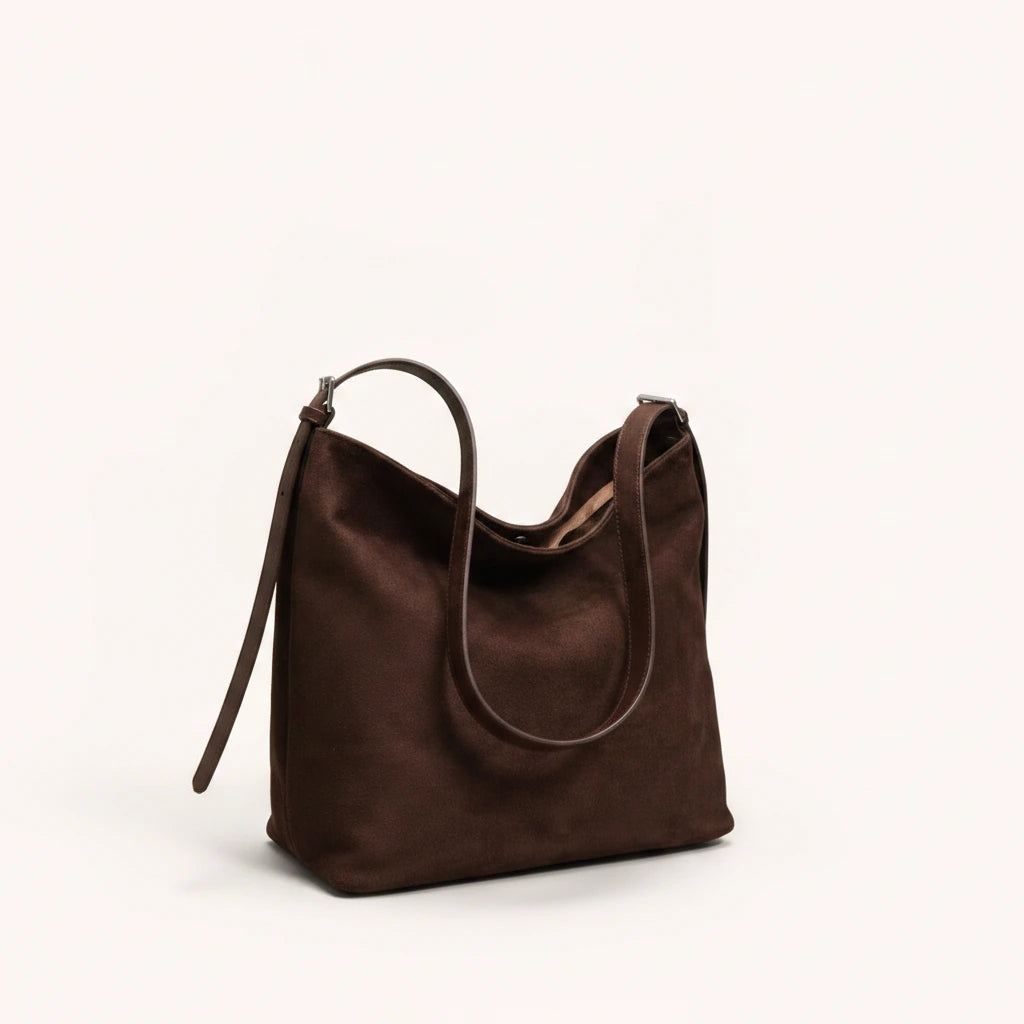 Hazel Shoulder Tote — Brushed Suede | Remove the bg with text of the products and replace the bg with image reference i give and keep the showdow of the products