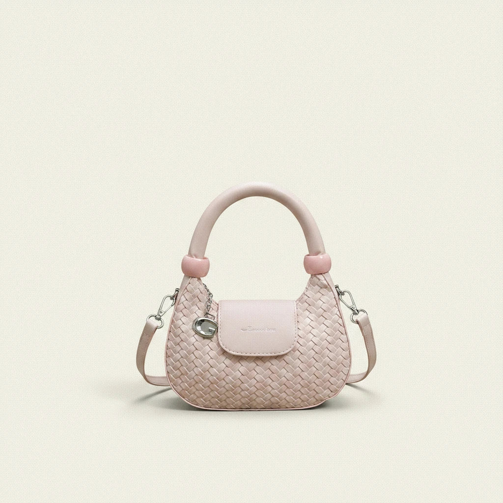 Lattice Top-Handle Bag — Woven | Remove the bg with text of the products and replace the bg with image reference i give and keep the showdow of the products