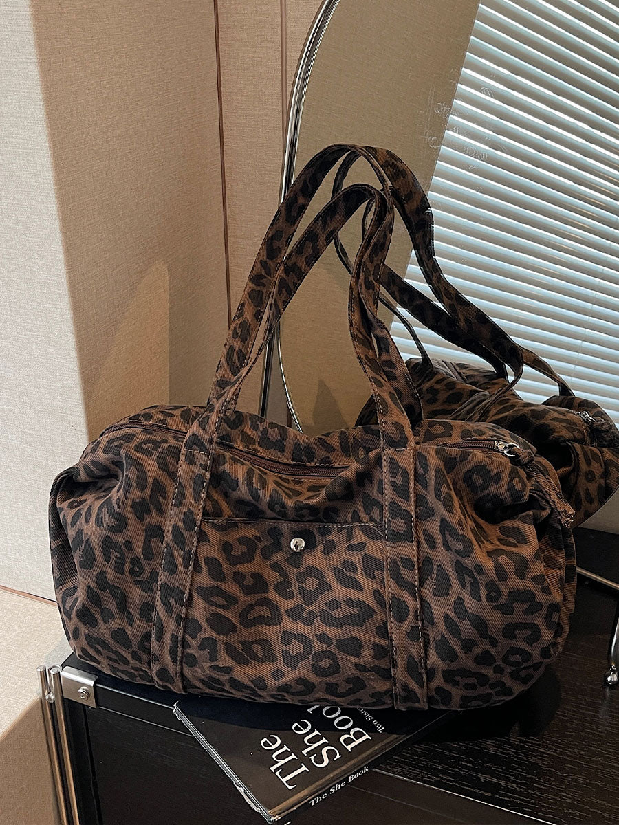 Borsa tote in tela leopardata rétro