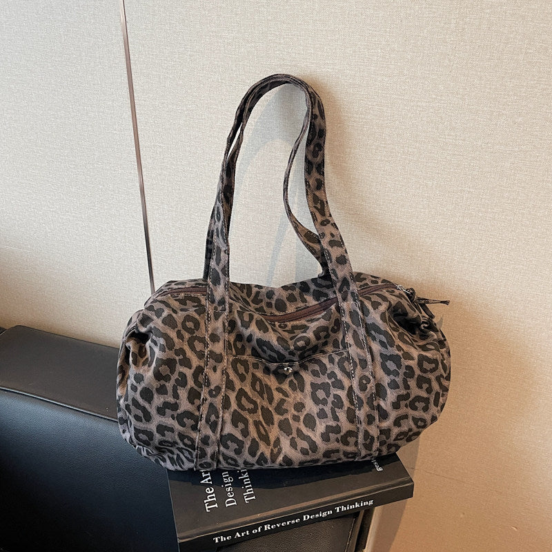 Borsa tote in tela leopardata rétro