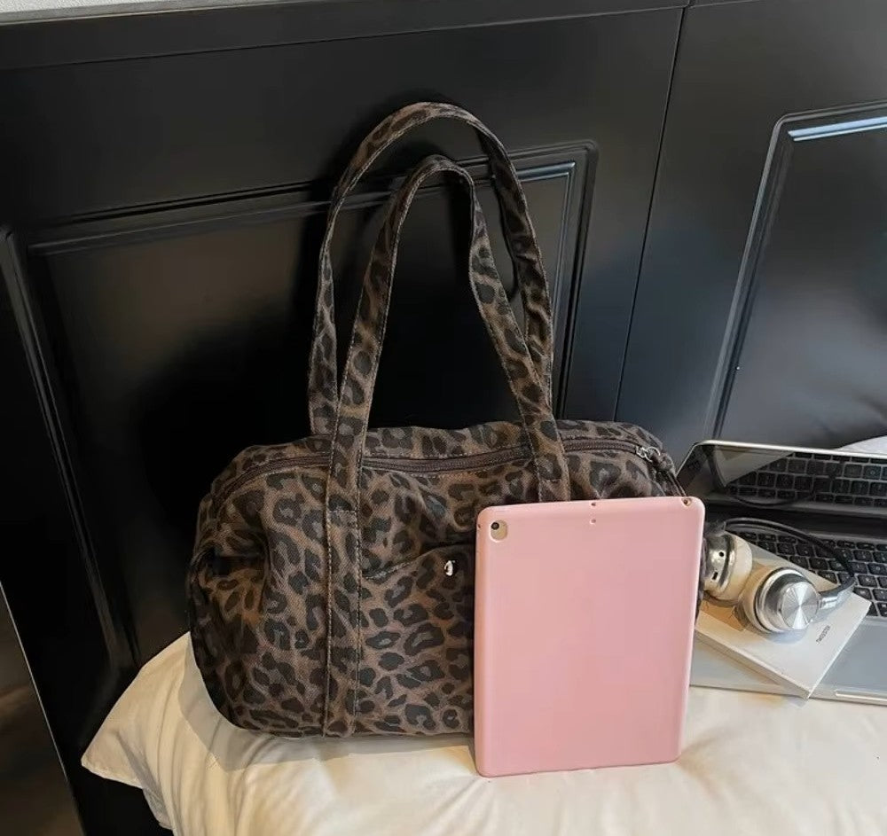 Borsa tote in tela leopardata rétro
