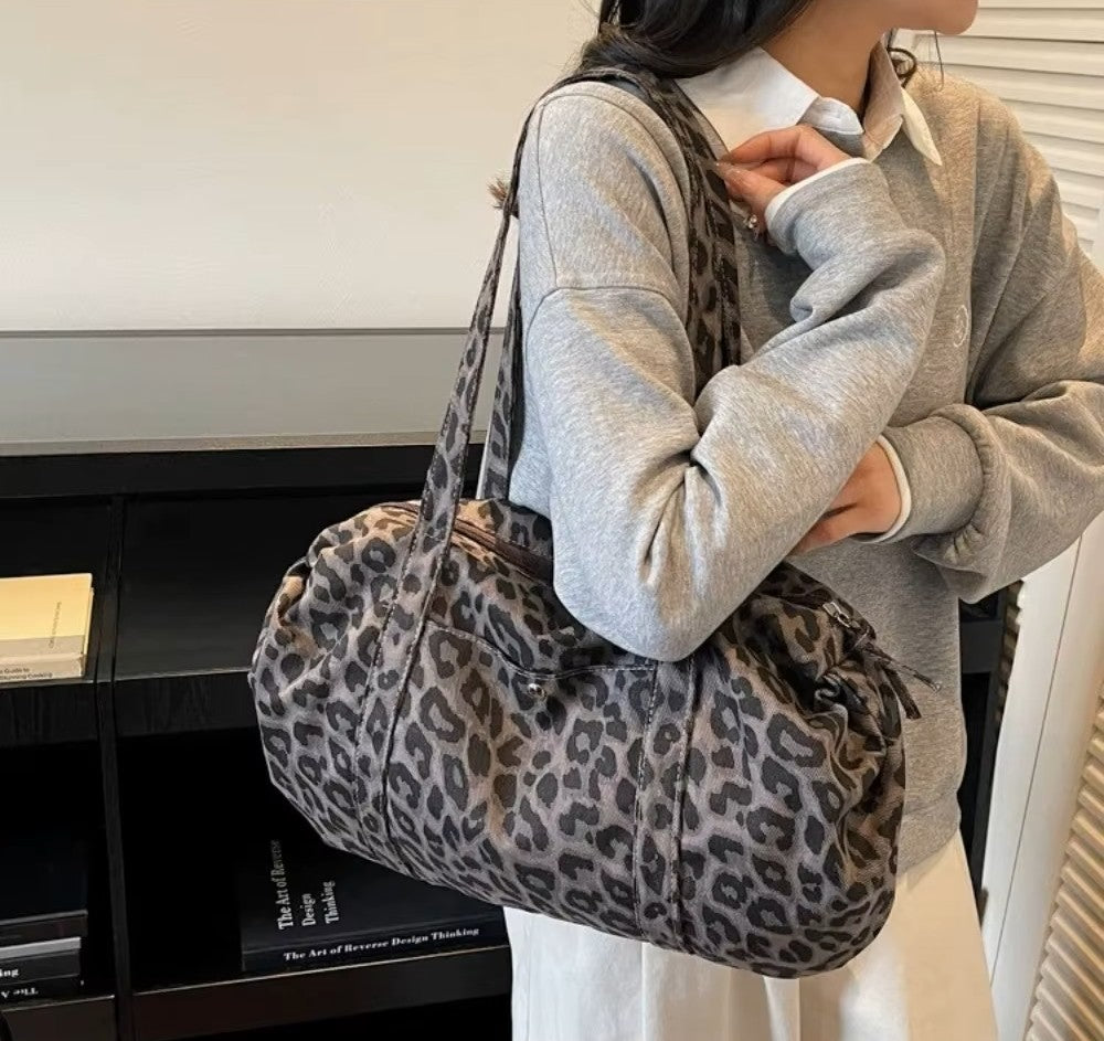 Borsa tote in tela leopardata rétro
