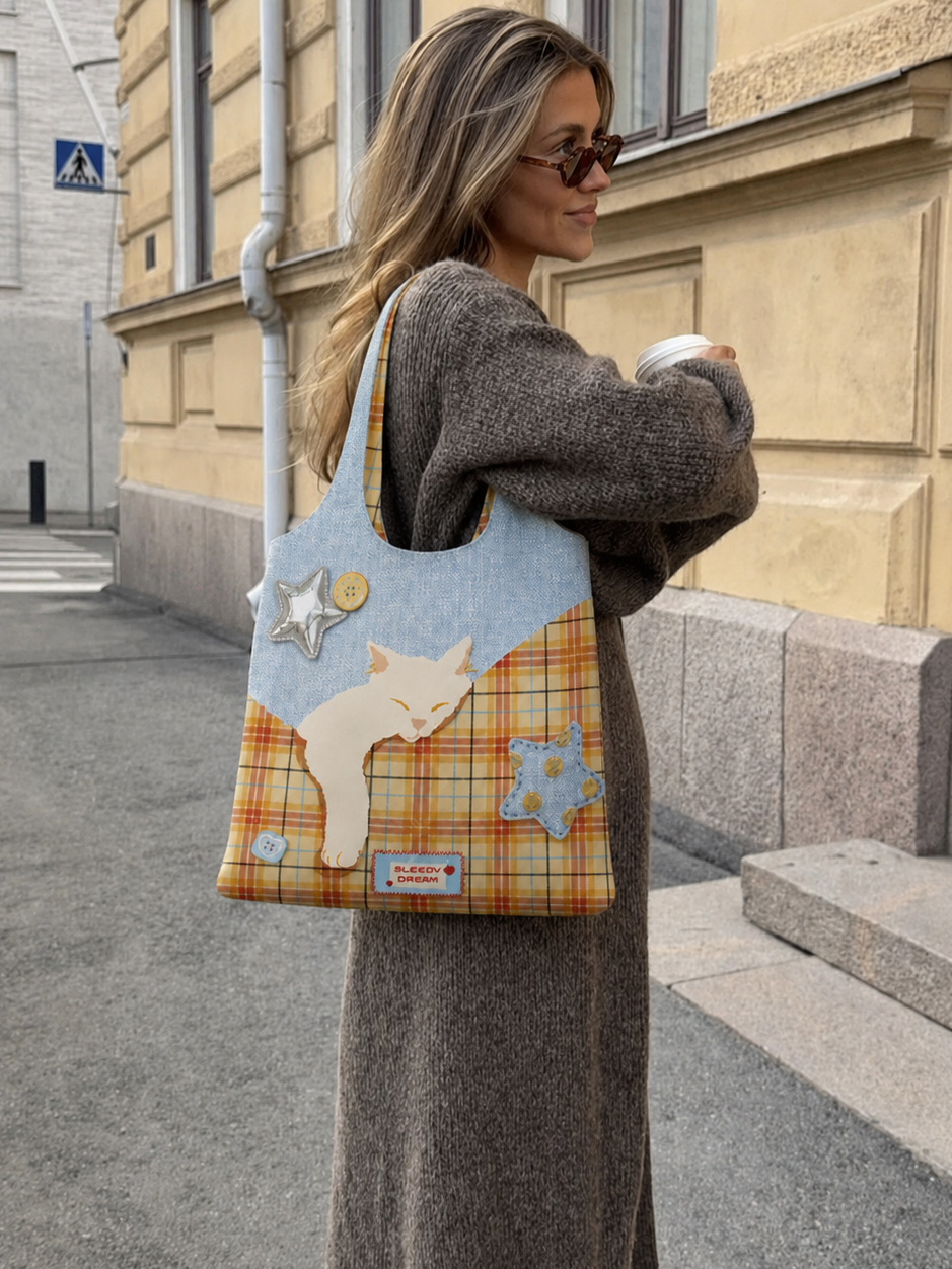 Canvas-Schultertasche „Sleepy Cat“