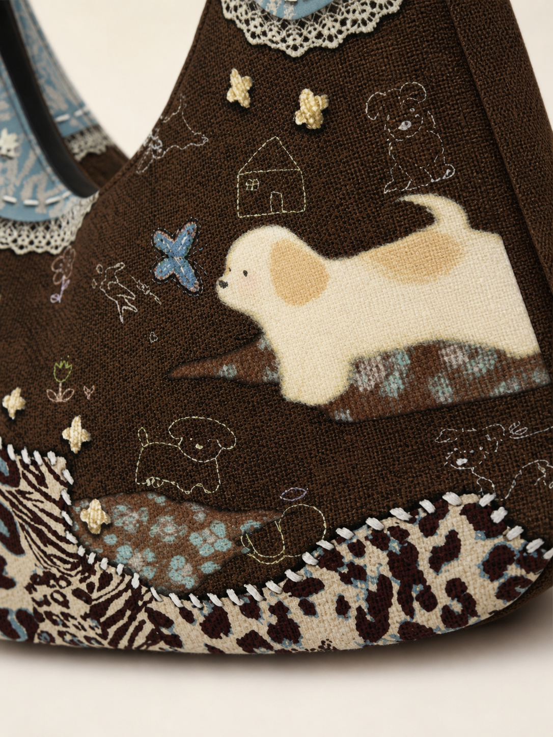 Caramel Puppy Canvas Crossbody Bag — patchwork detail