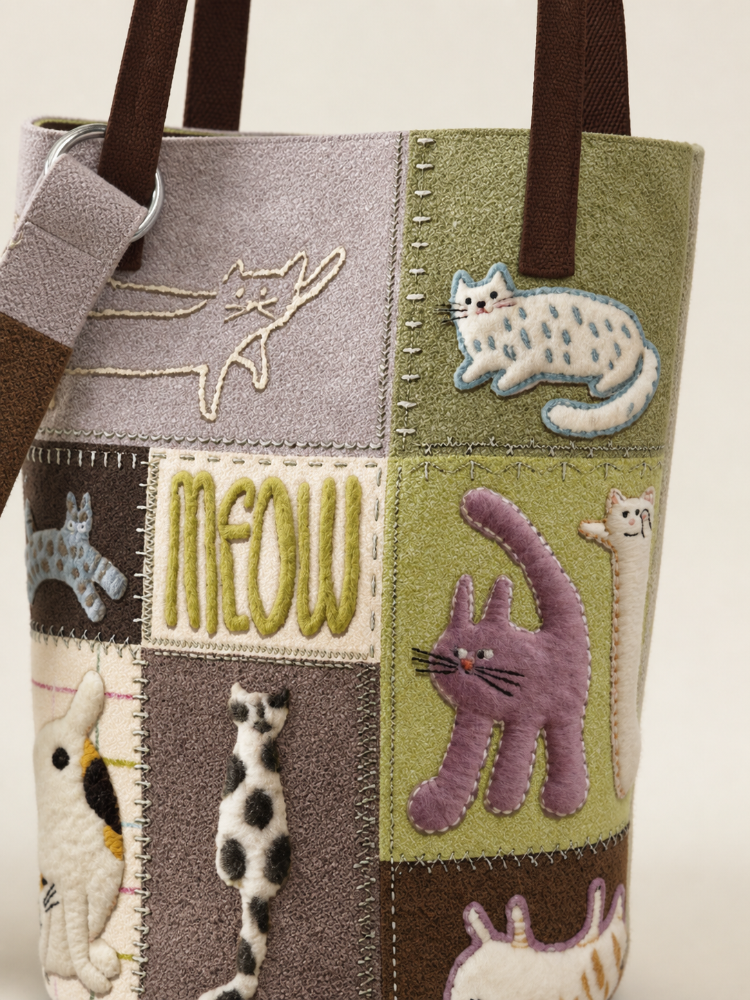 Cat Antics Canvas Bucket Bag — patch detail