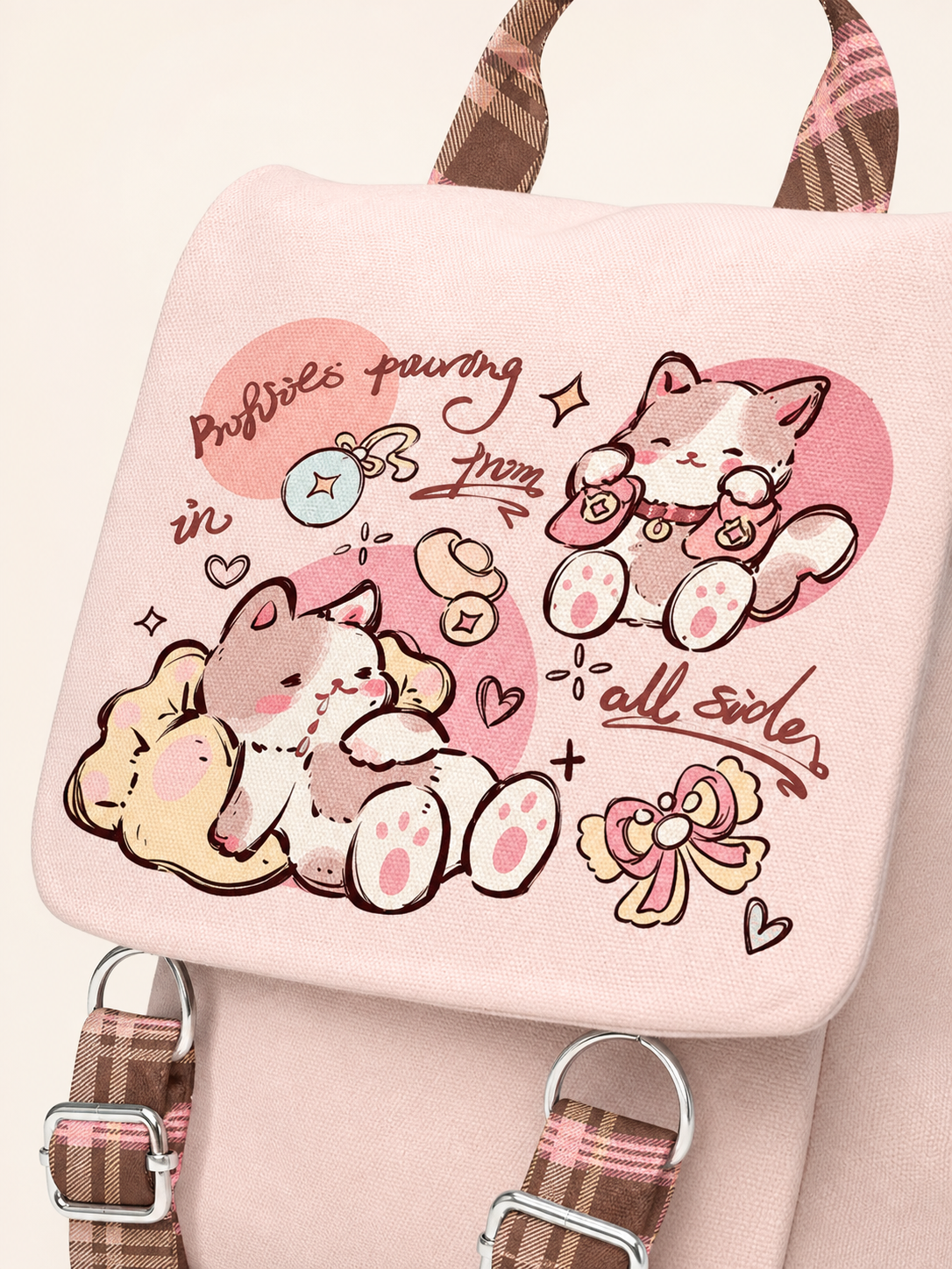 Feast Cat Canvas Flap Backpack — artwork and material detail