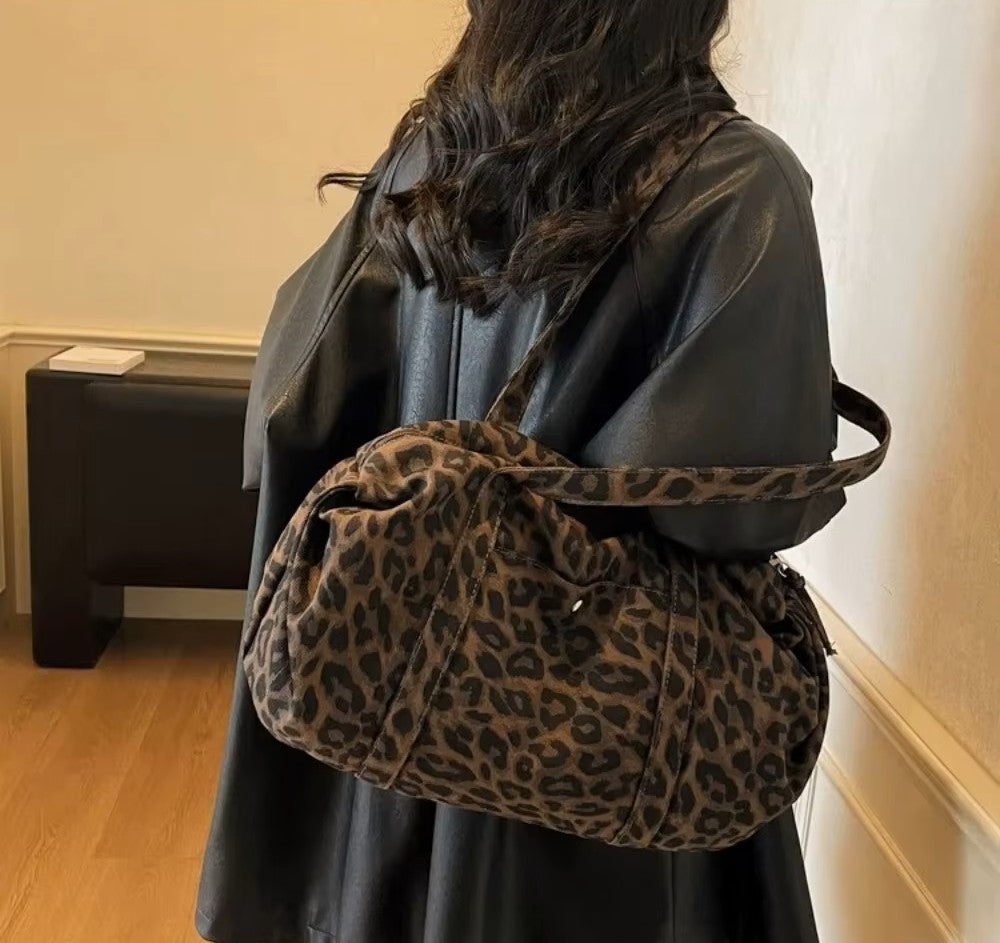 Borsa tote in tela leopardata rétro