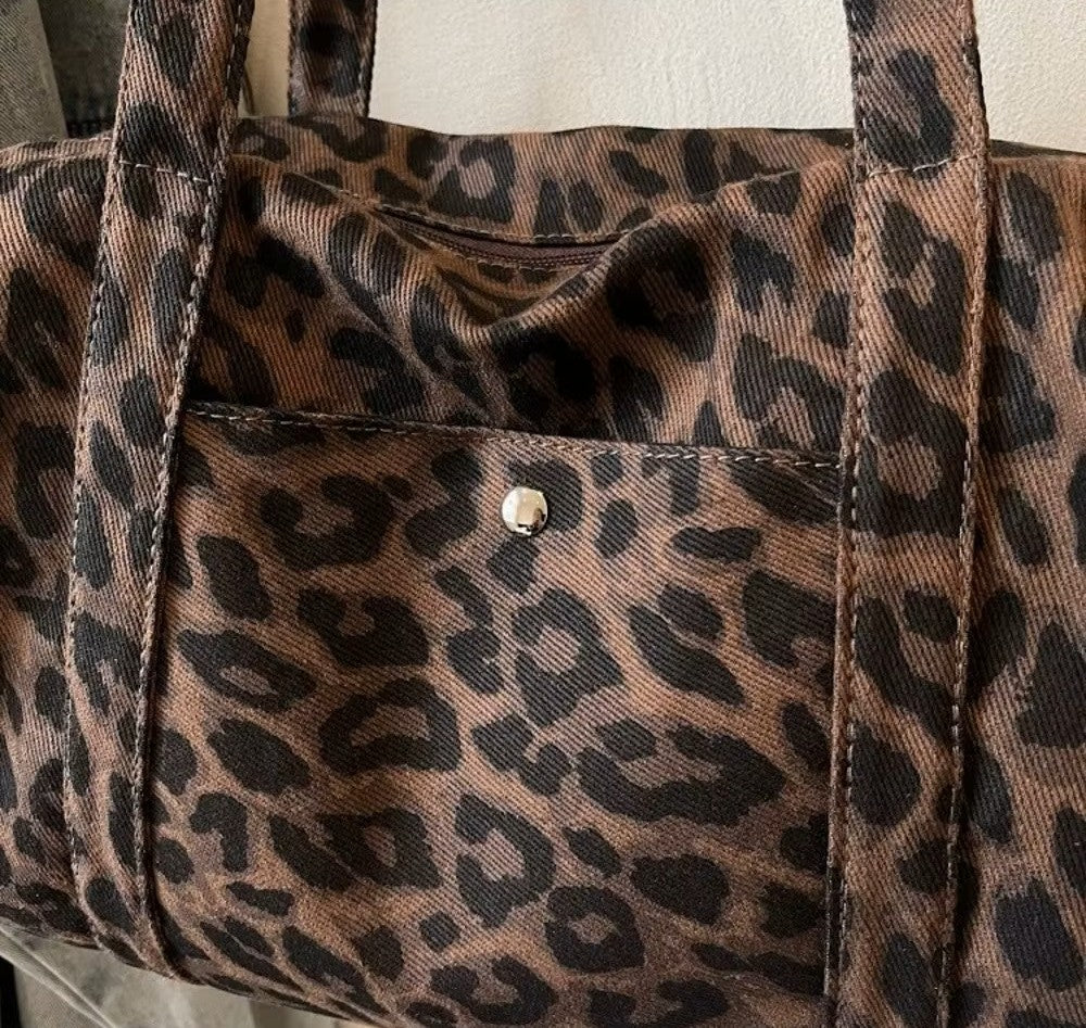 Borsa tote in tela leopardata rétro
