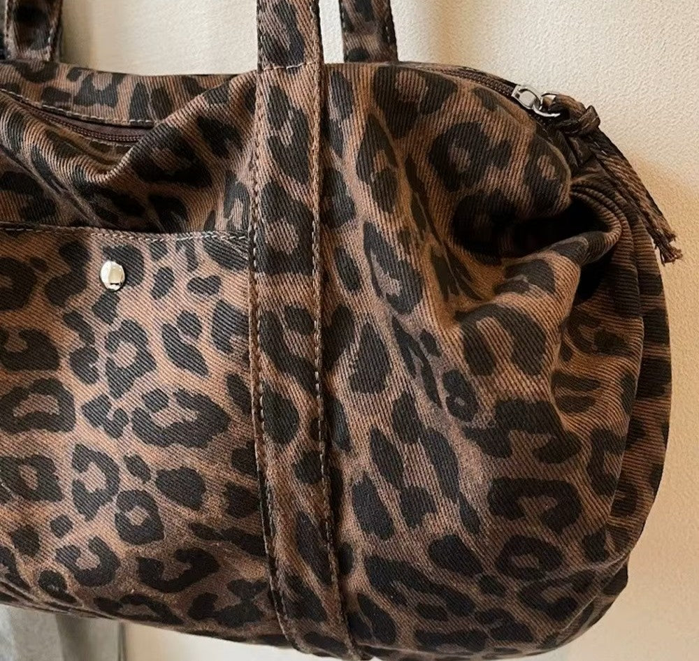 Borsa tote in tela leopardata rétro