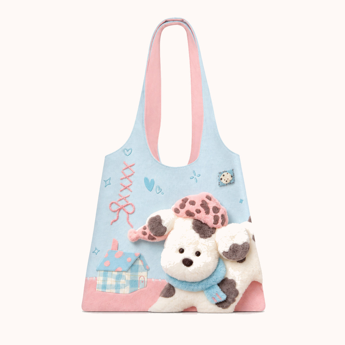 ARIPPULA FEF9F6 | pink-hat-puppy-canvas-shoulder-bag | close quality | 014__pink-hat-puppy-canvas-shoulder-bag__pink-hat-puppy__front.webp