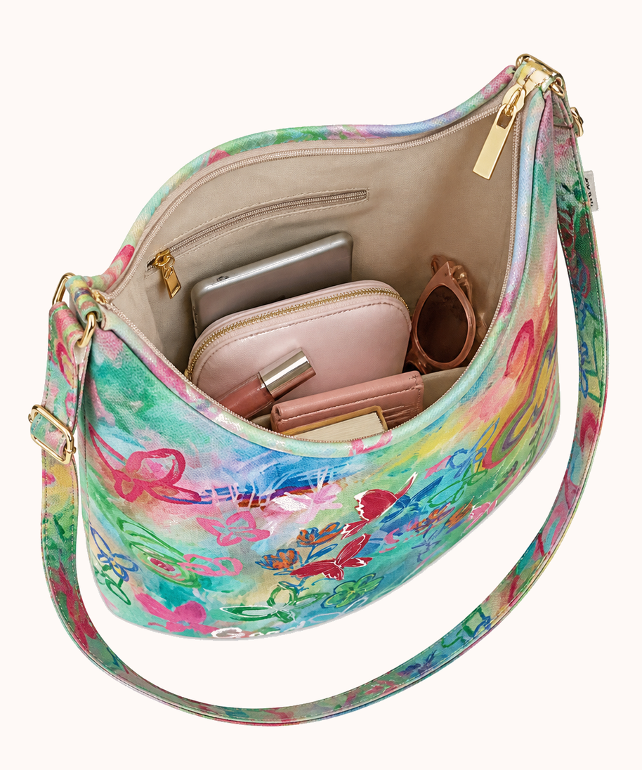 Open bag interior with everyday accessories