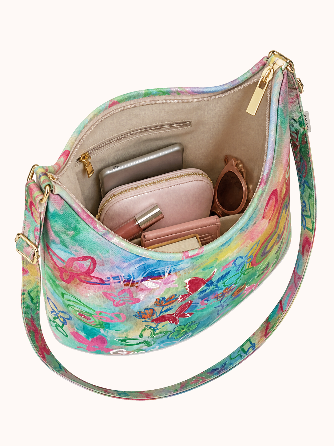 Open bag interior with everyday accessories