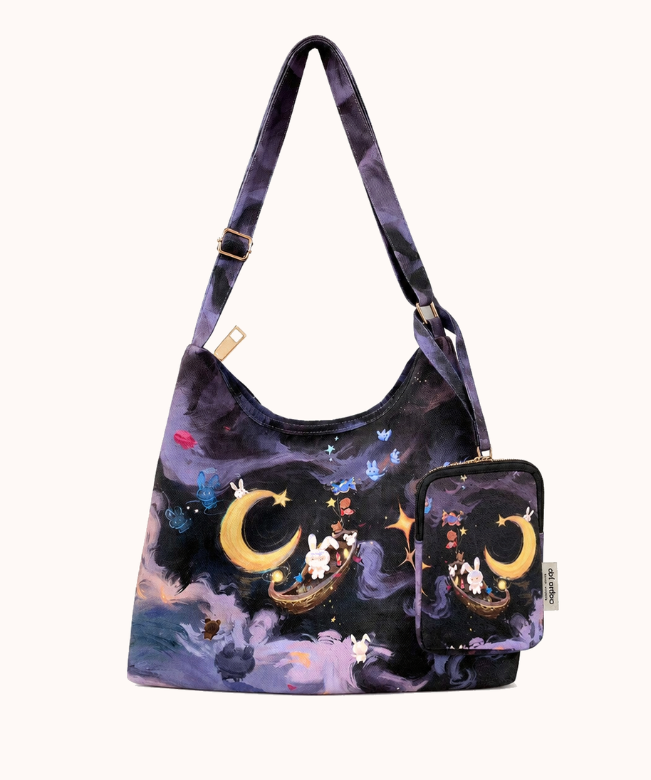 Moon Boat Bunny zipper tote bag + same hanging bag front view