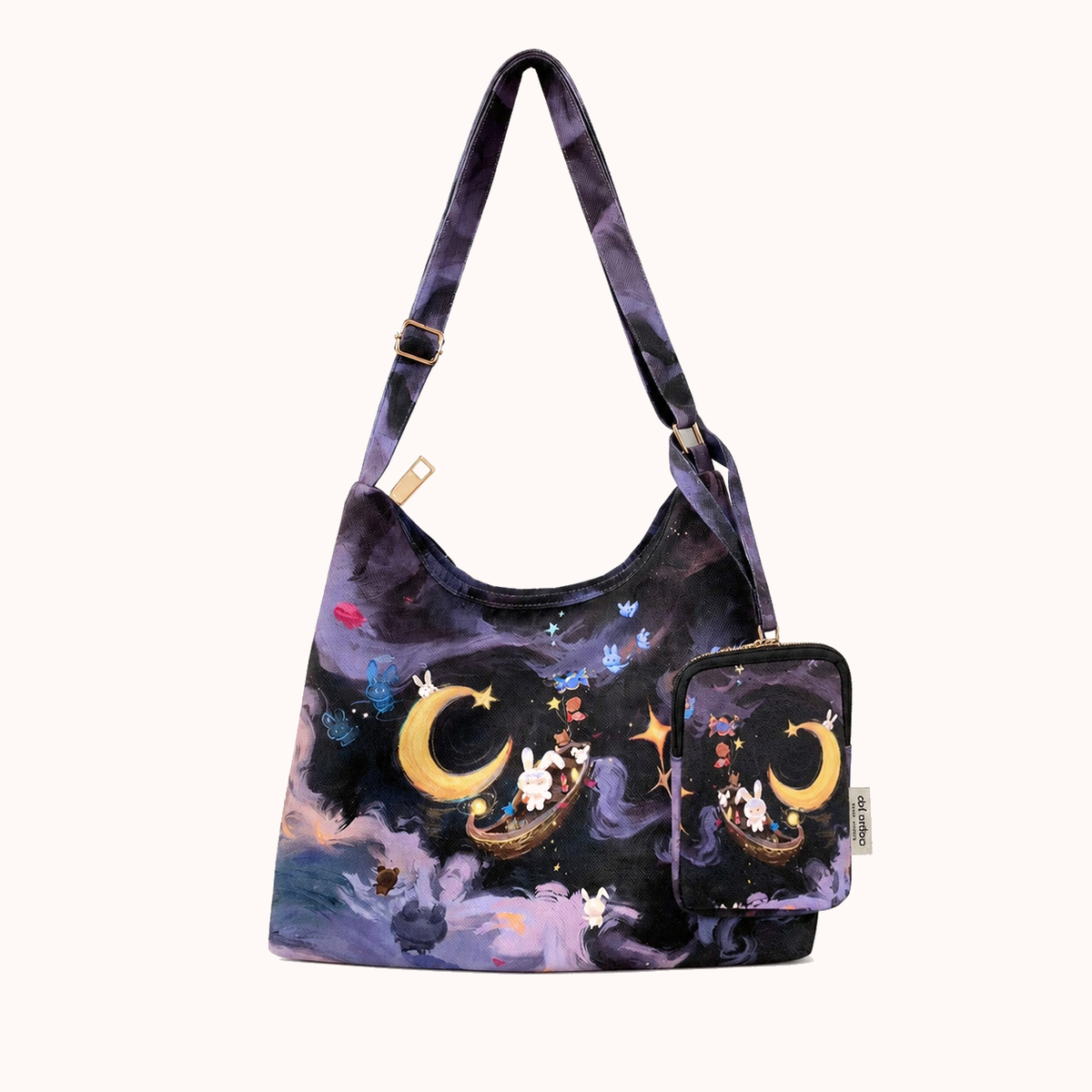 Moon Boat Bunny zipper tote bag + same hanging bag front view
