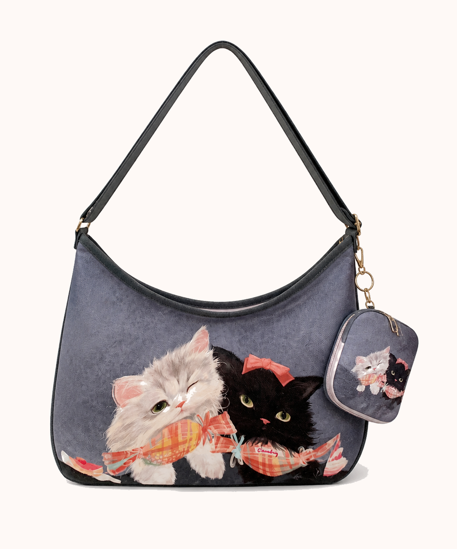 Two cats gray zipper tote bag + matching hanging bag front view