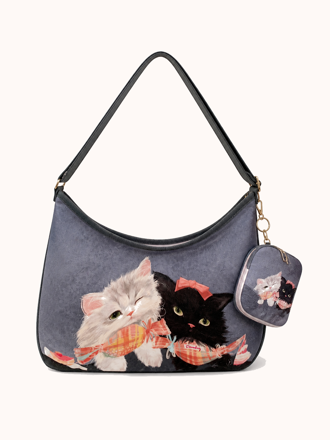 Two cats gray zipper tote bag + matching hanging bag front view