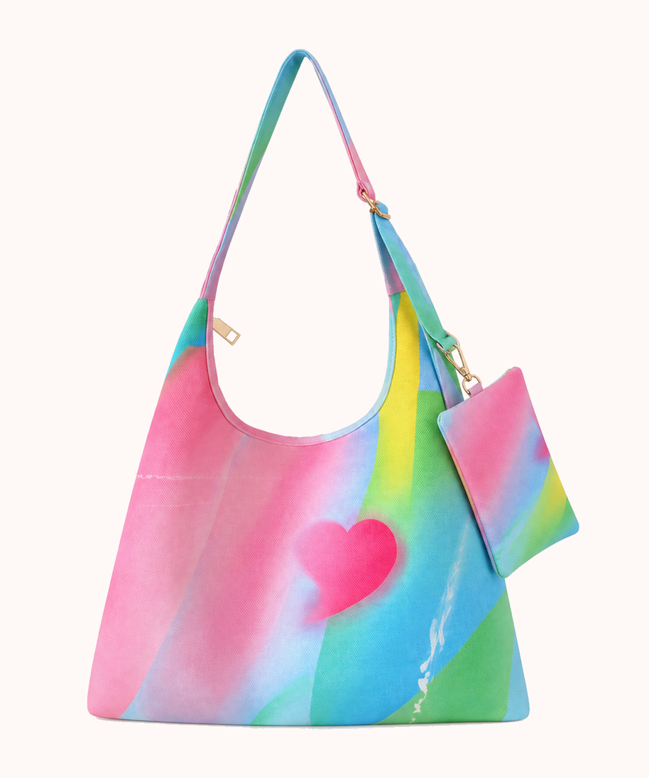 Rainbow Heart Zipper Tote Bag + matching hanging bag front view