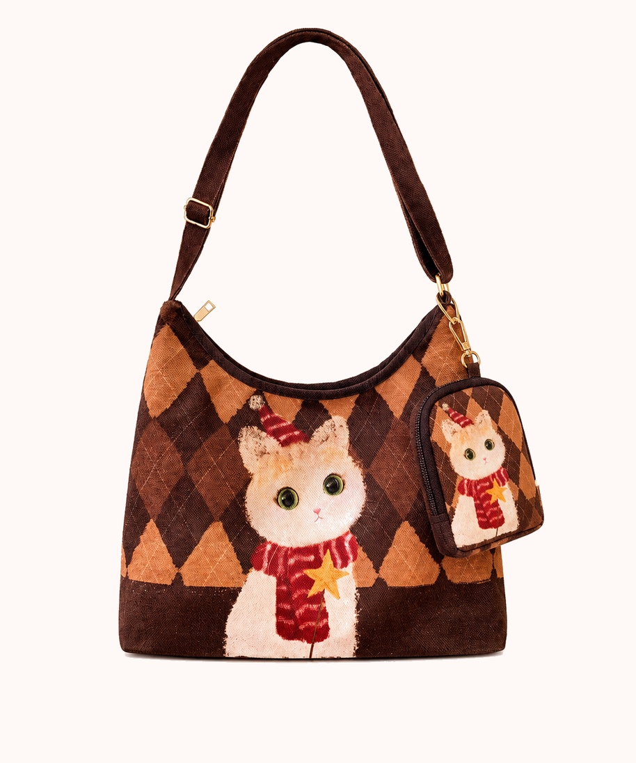 Weibo Kitten Zipper Tote Bag + Matching Hanging Bag front view