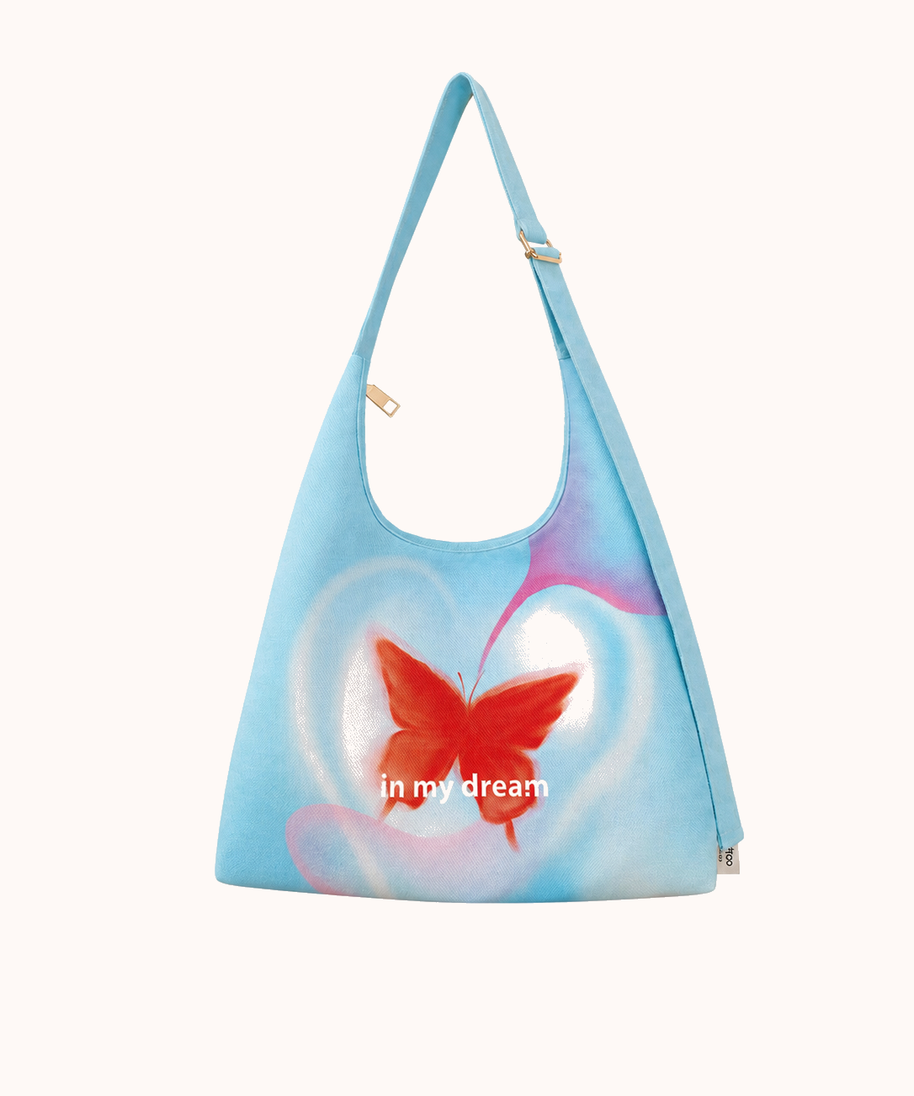 Mint Ice Blue Butterfly zipper tote bag + the same hanging bag front view