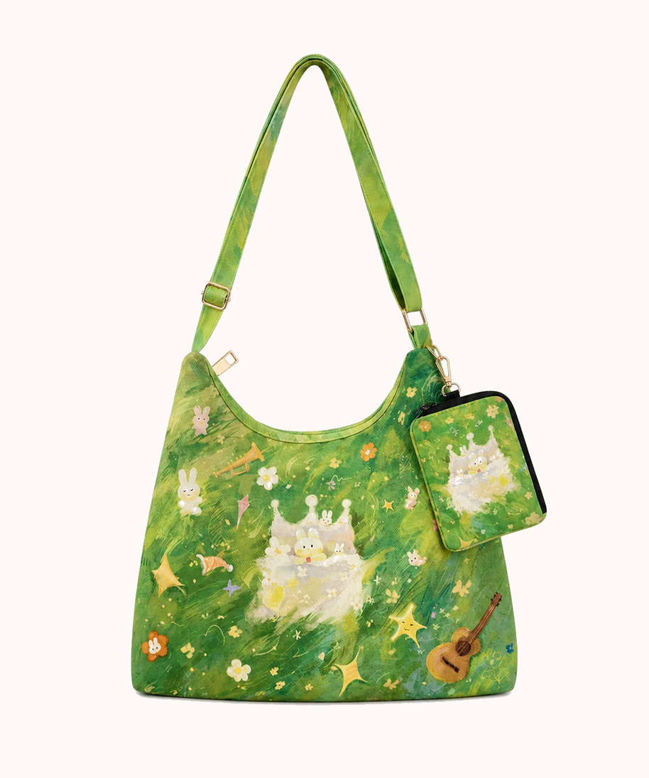 Green Grass Bunny Zipper Tote Bag + Matching Hanging Bag front view