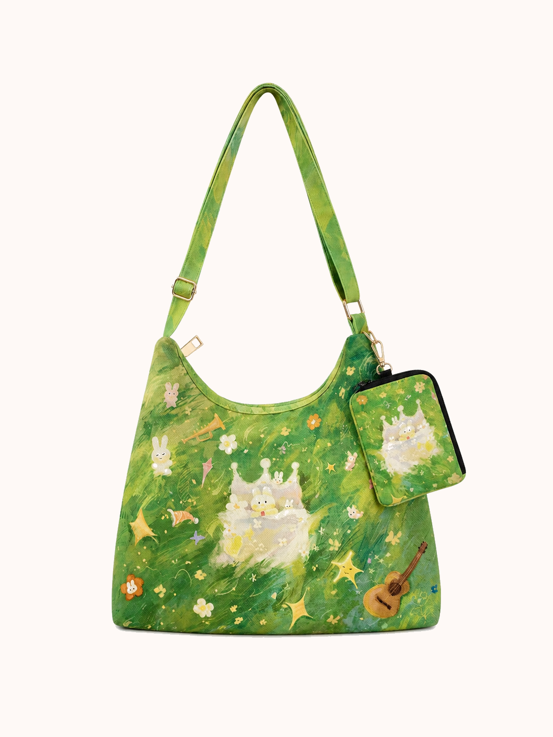 Green Grass Bunny Zipper Tote Bag + Matching Hanging Bag front view