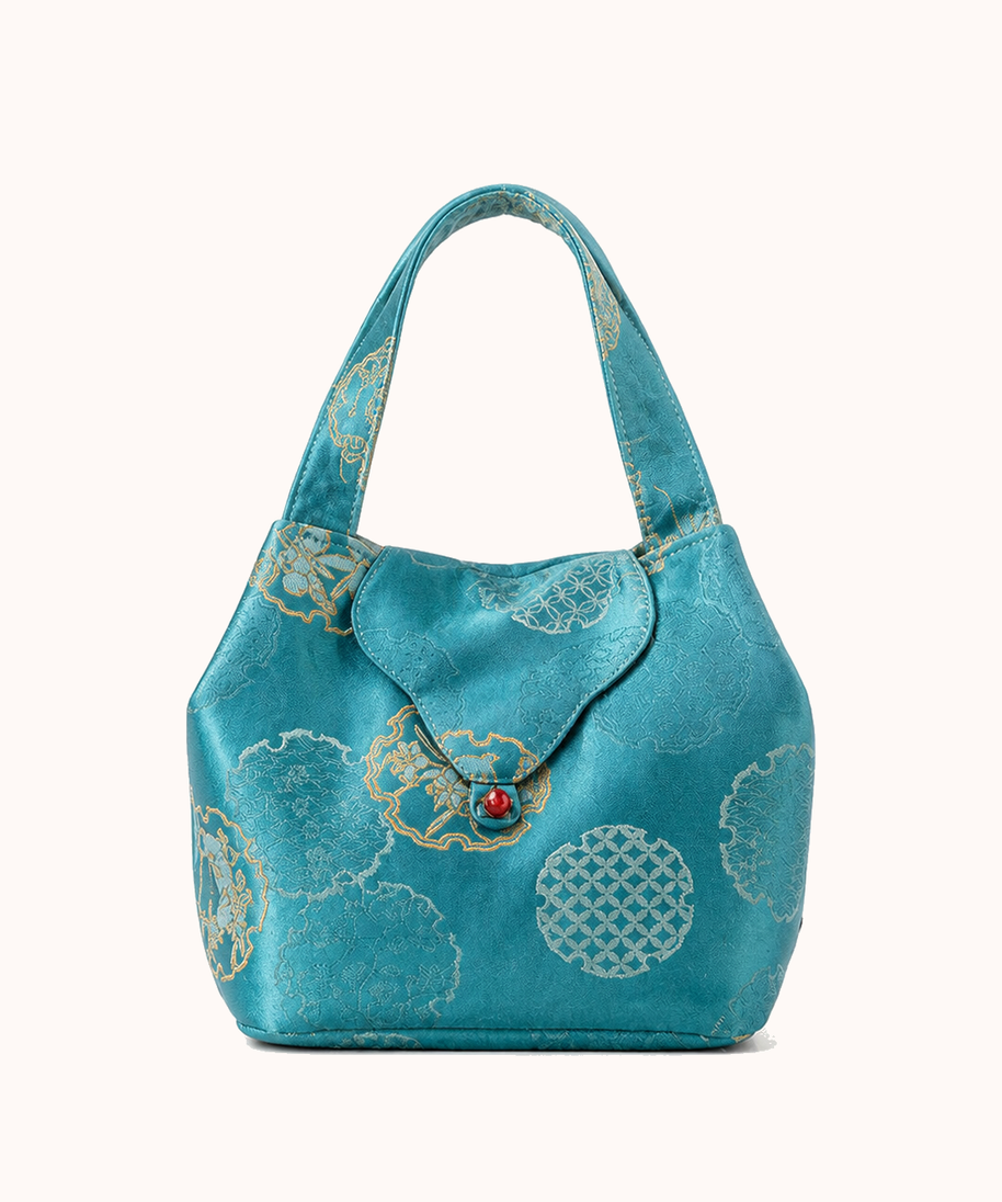20 × 17 cm / Golden rabbit brocade satin ruyi incense bag - turquoise front view