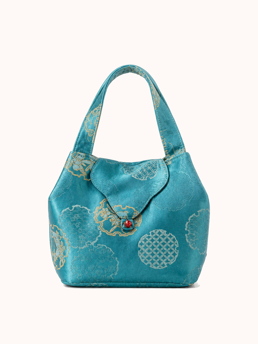 20 × 17 cm / Golden rabbit brocade satin ruyi incense bag - turquoise front view