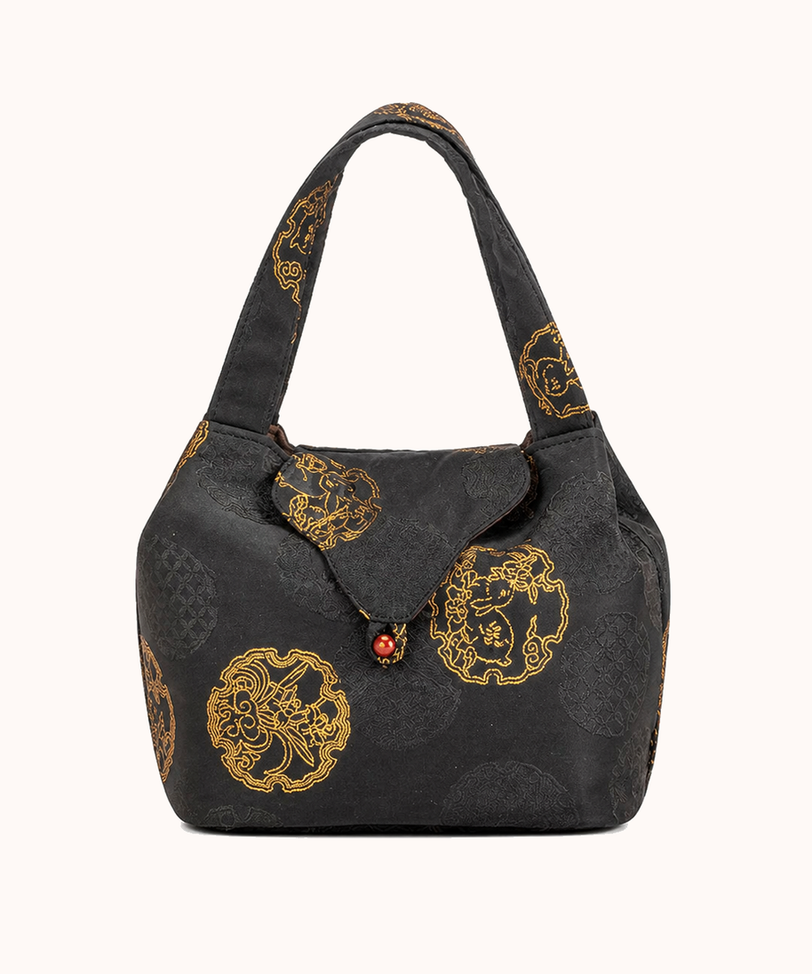 20 × 17 cm / Golden Rabbit Woven Brocade Ruyi Fragrance Bag - Jet Black front view