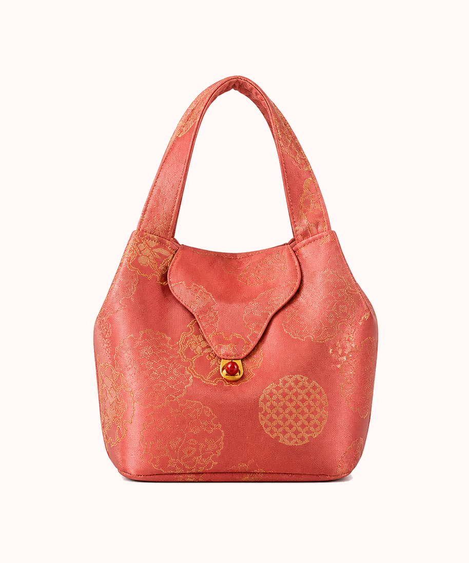 20 × 17 cm / Gold rabbit brocade ruyi fragrant bag - peach pink front view