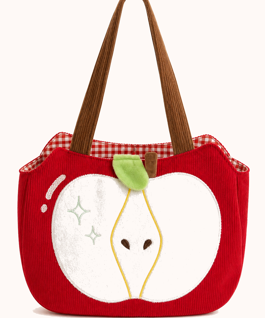 Pippin Corduroy Shoulder Bag — apple appliqué detail