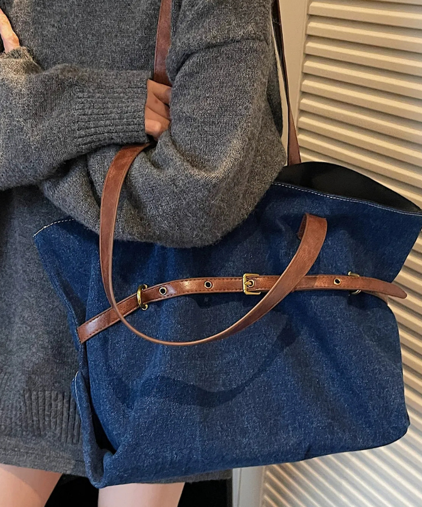 Azzira Belted Denim Tote Bag