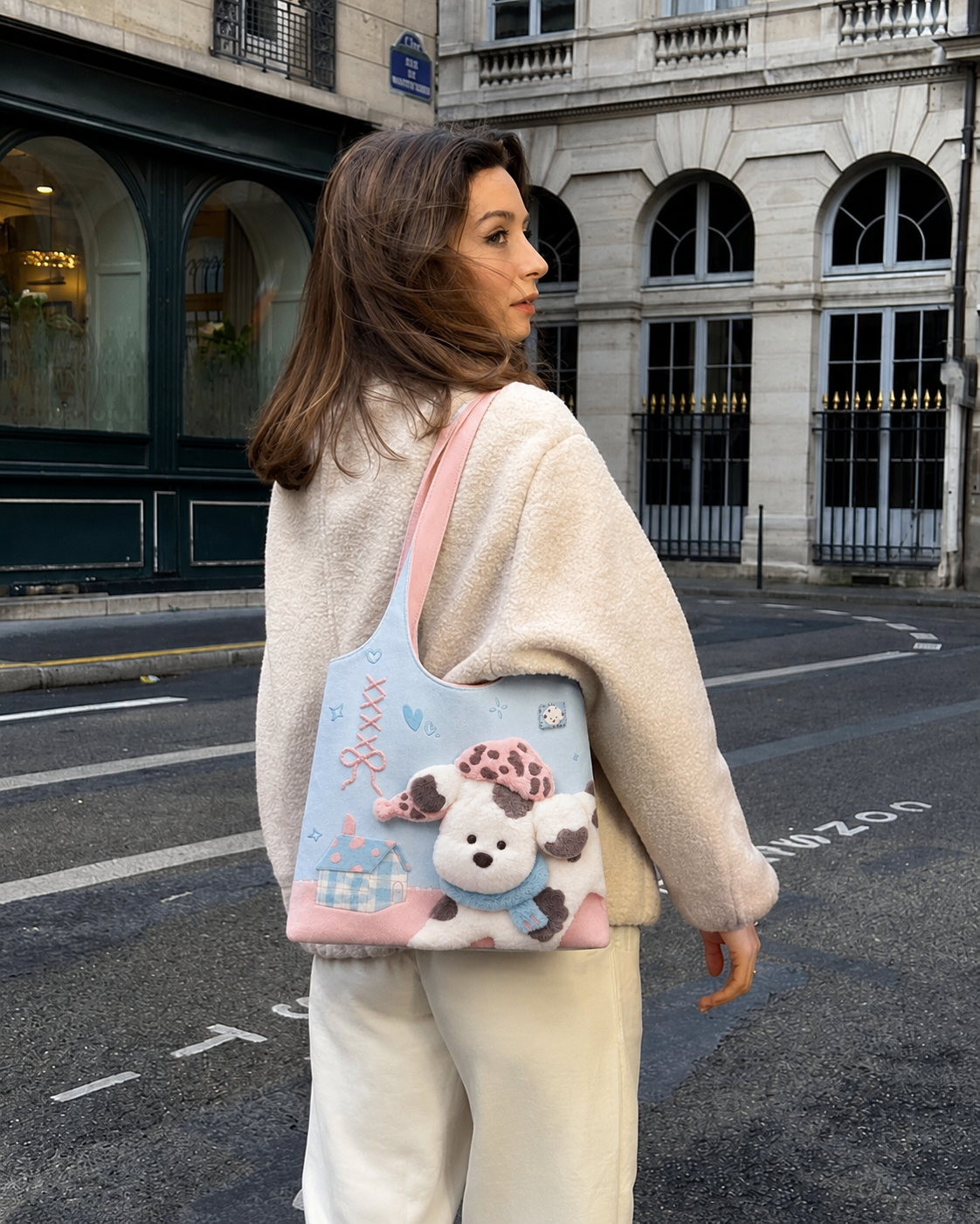 Pink Hat Puppy Canvas Shoulder Bag