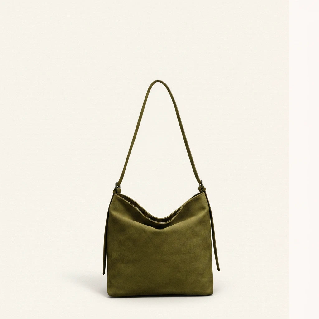 Hazel Shoulder Tote — Brushed Suede | Remove the bg with text of the products and replace the bg with image reference i give and keep the showdow of the products