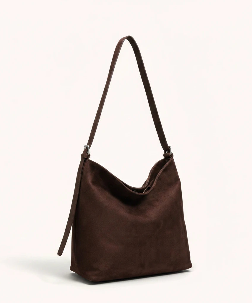 Hazel Shoulder Tote — Brushed Suede | Remove the bg with text of the products and replace the bg with image reference i give and keep the showdow of the products