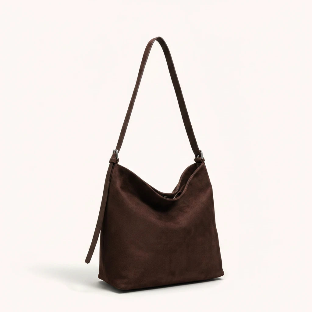 Hazel Shoulder Tote — Brushed Suede | Remove the bg with text of the products and replace the bg with image reference i give and keep the showdow of the products