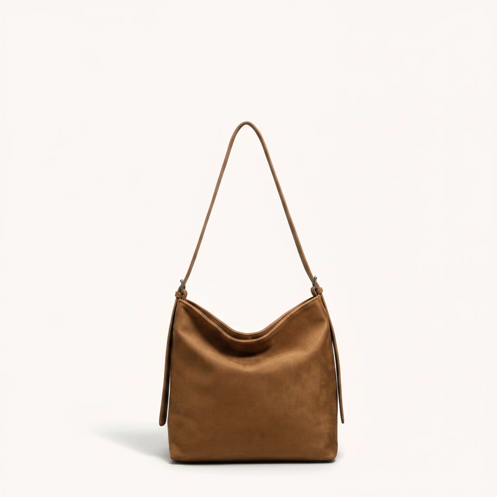 Hazel Shoulder Tote — Brushed Suede | Remove the bg with text of the products and replace the bg with image reference i give and keep the showdow of the products