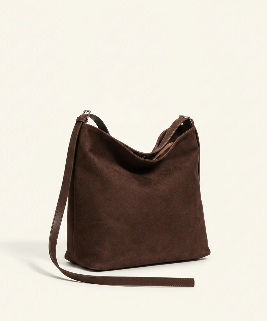 Hazel Shoulder Tote — Brushed Suede | Remove the bg with text of the products and replace the bg with image reference i give and keep the showdow of the products