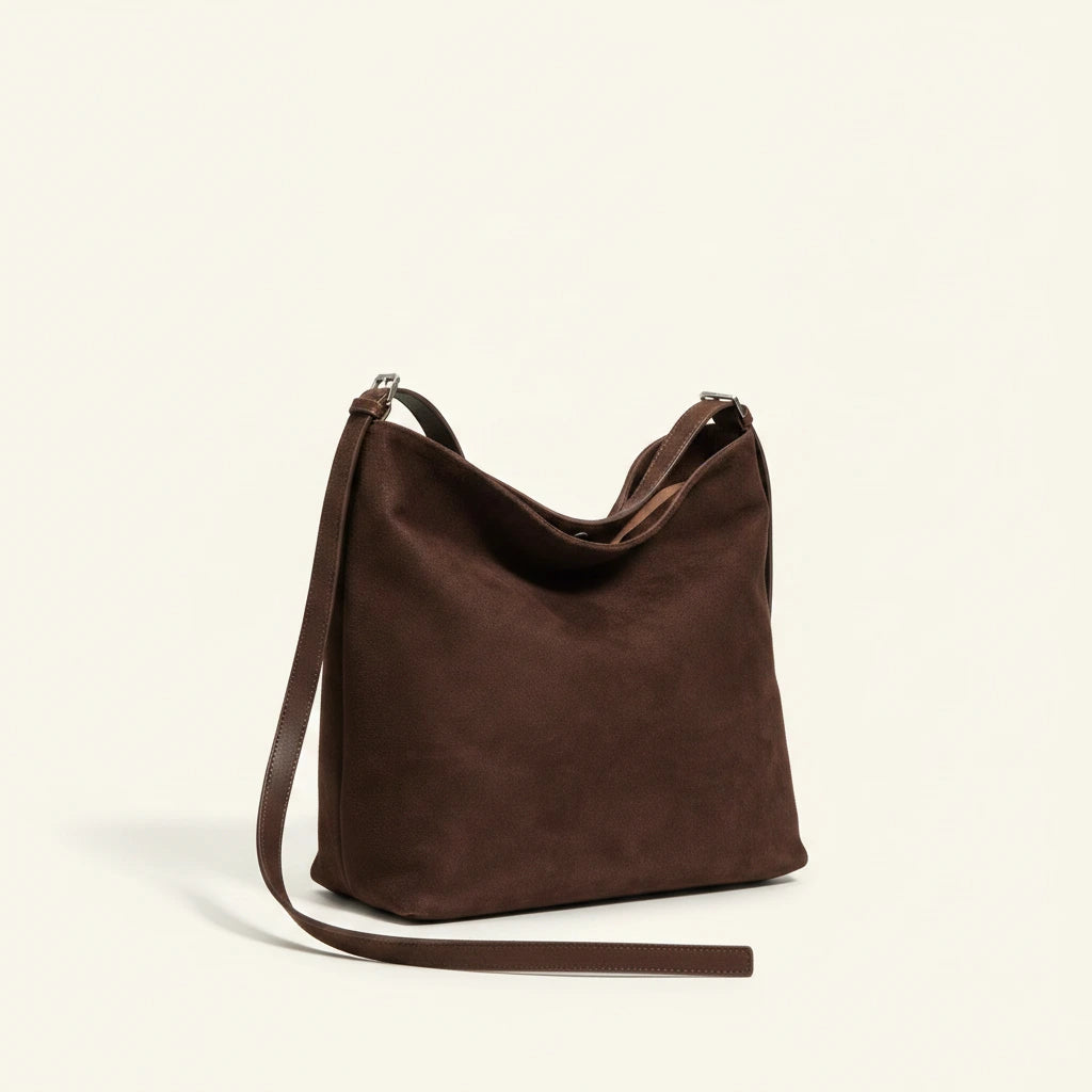 Hazel Shoulder Tote — Brushed Suede | Remove the bg with text of the products and replace the bg with image reference i give and keep the showdow of the products
