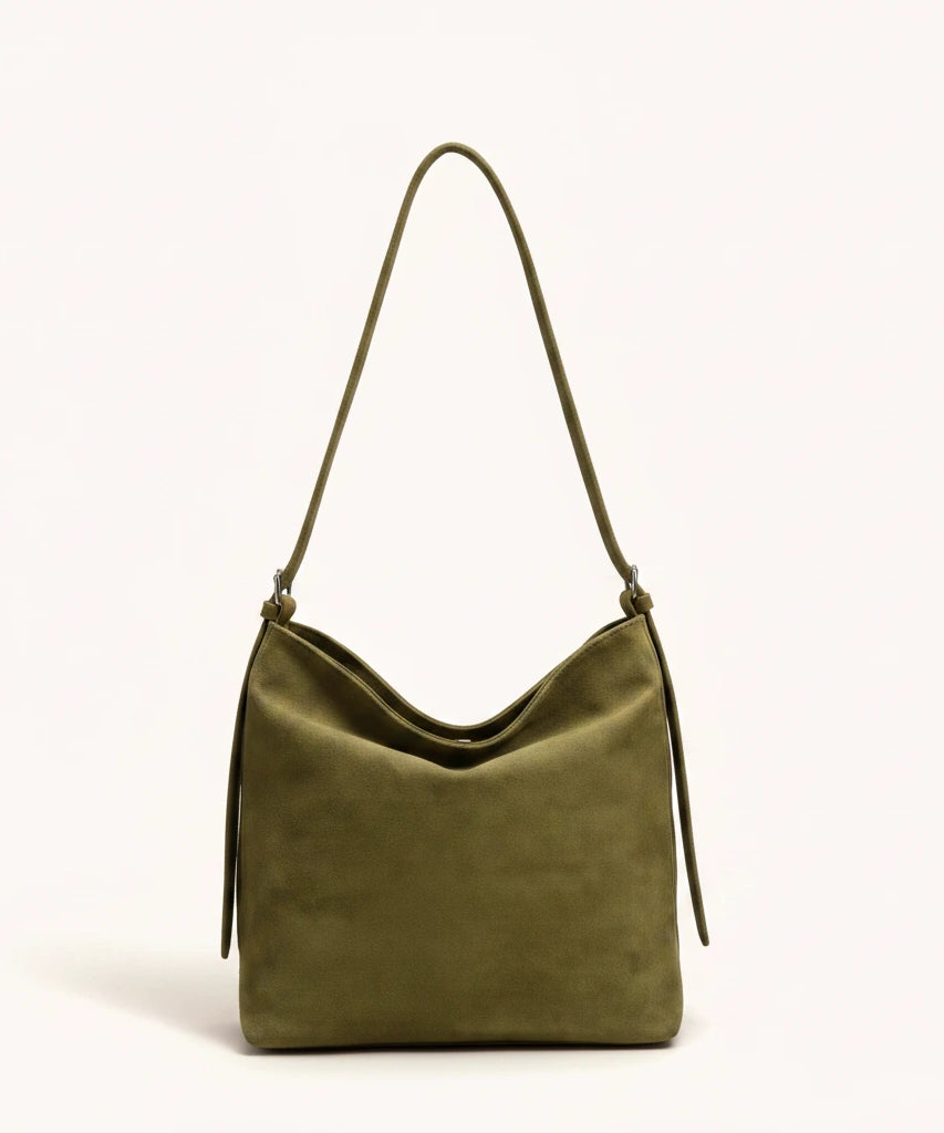 Hazel Shoulder Tote — Brushed Suede | Remove the bg with text of the products and replace the bg with image reference i give and keep the showdow of the products