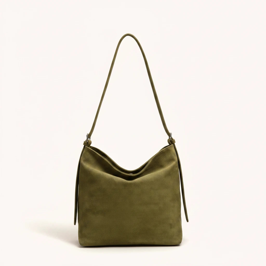 Hazel Shoulder Tote — Brushed Suede | Remove the bg with text of the products and replace the bg with image reference i give and keep the showdow of the products