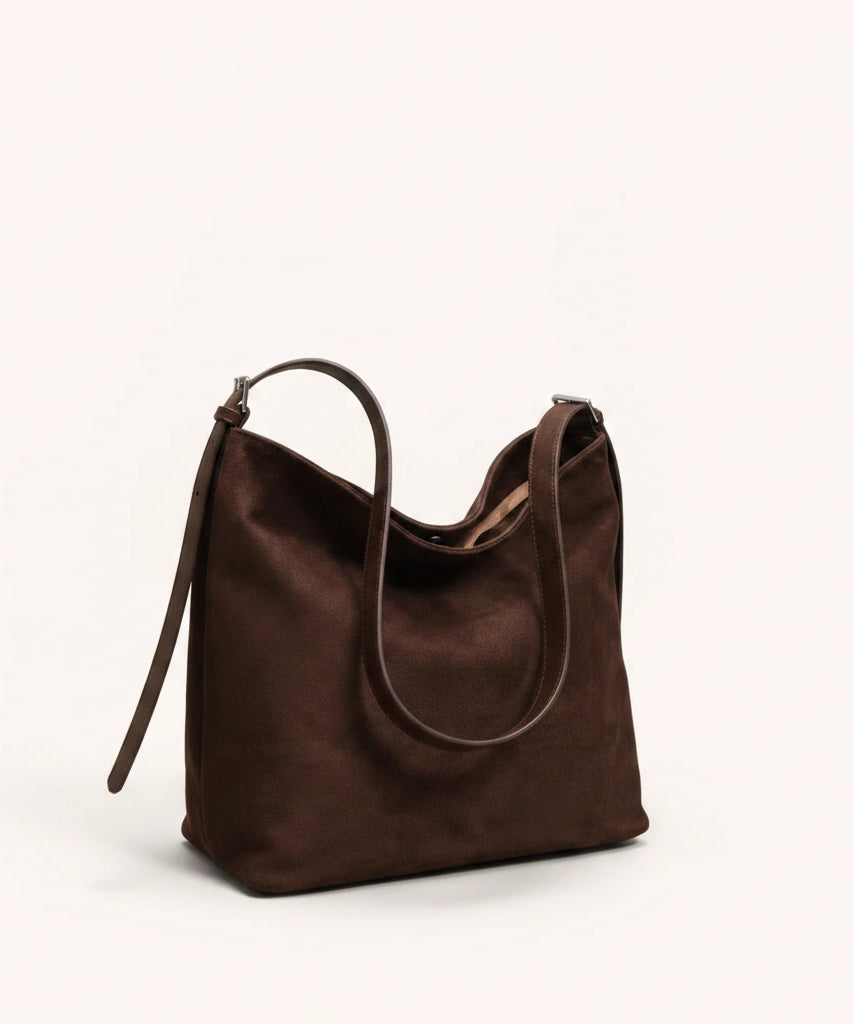 Hazel Shoulder Tote — Brushed Suede | Remove the bg with text of the products and replace the bg with image reference i give and keep the showdow of the products