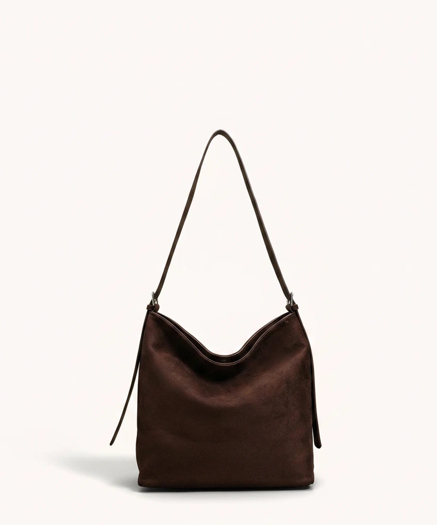 Hazel Shoulder Tote — Brushed Suede | Remove the bg with text of the products and replace the bg with image reference i give and keep the showdow of the products