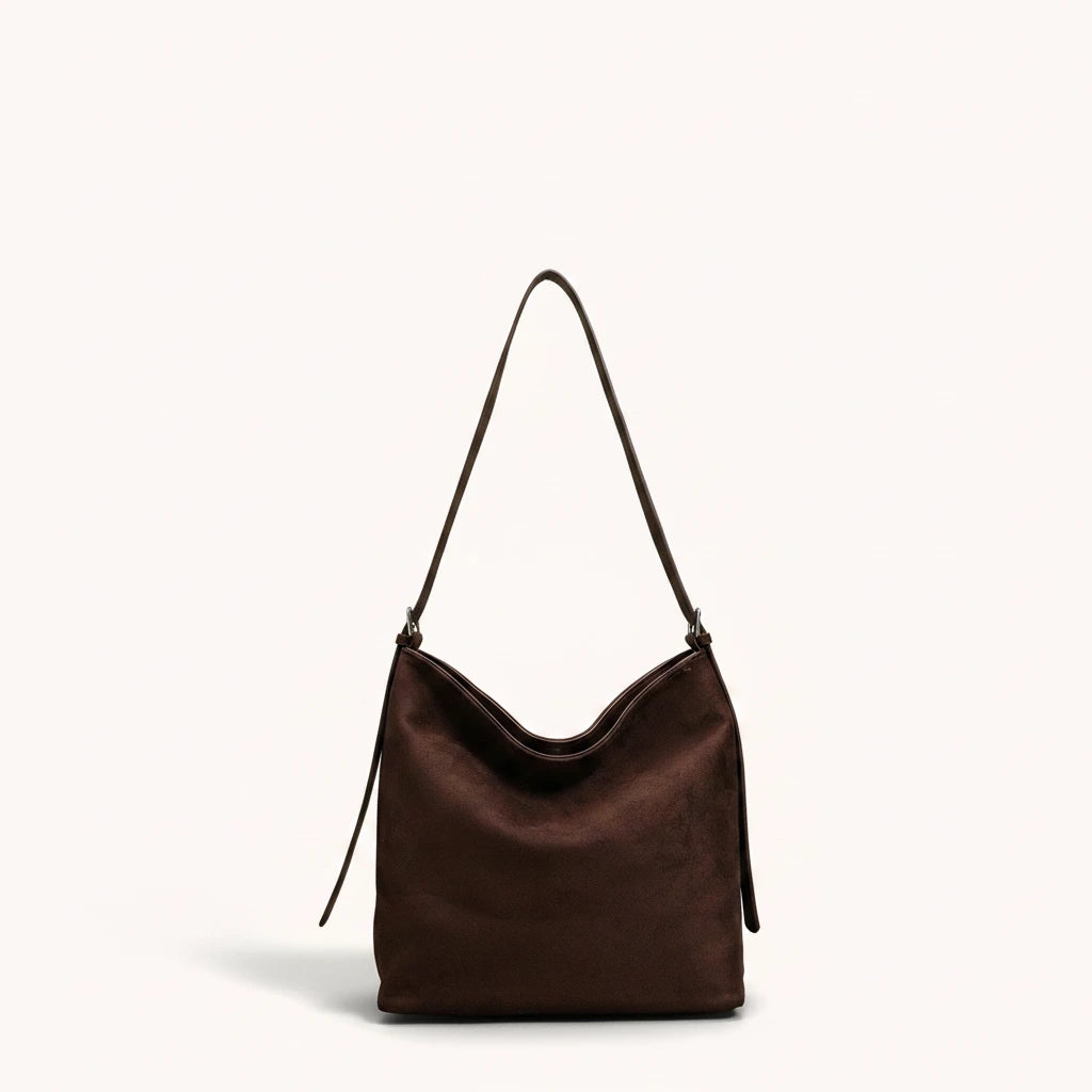 Hazel Shoulder Tote — Brushed Suede | Remove the bg with text of the products and replace the bg with image reference i give and keep the showdow of the products