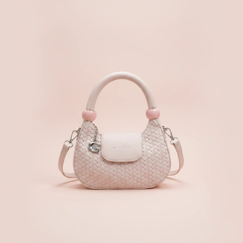 Lattice Top-Handle Bag — Woven | Remove the bg with text of the products and replace the bg with image reference i give and keep the showdow of the products