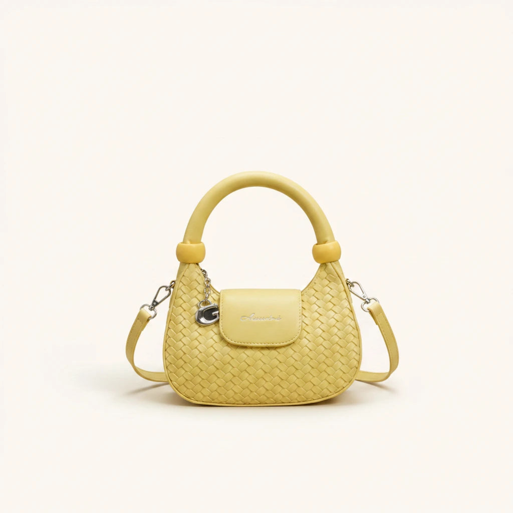 Lattice Top-Handle Bag — Woven | Remove the bg with text of the products and replace the bg with image reference i give and keep the showdow of the products